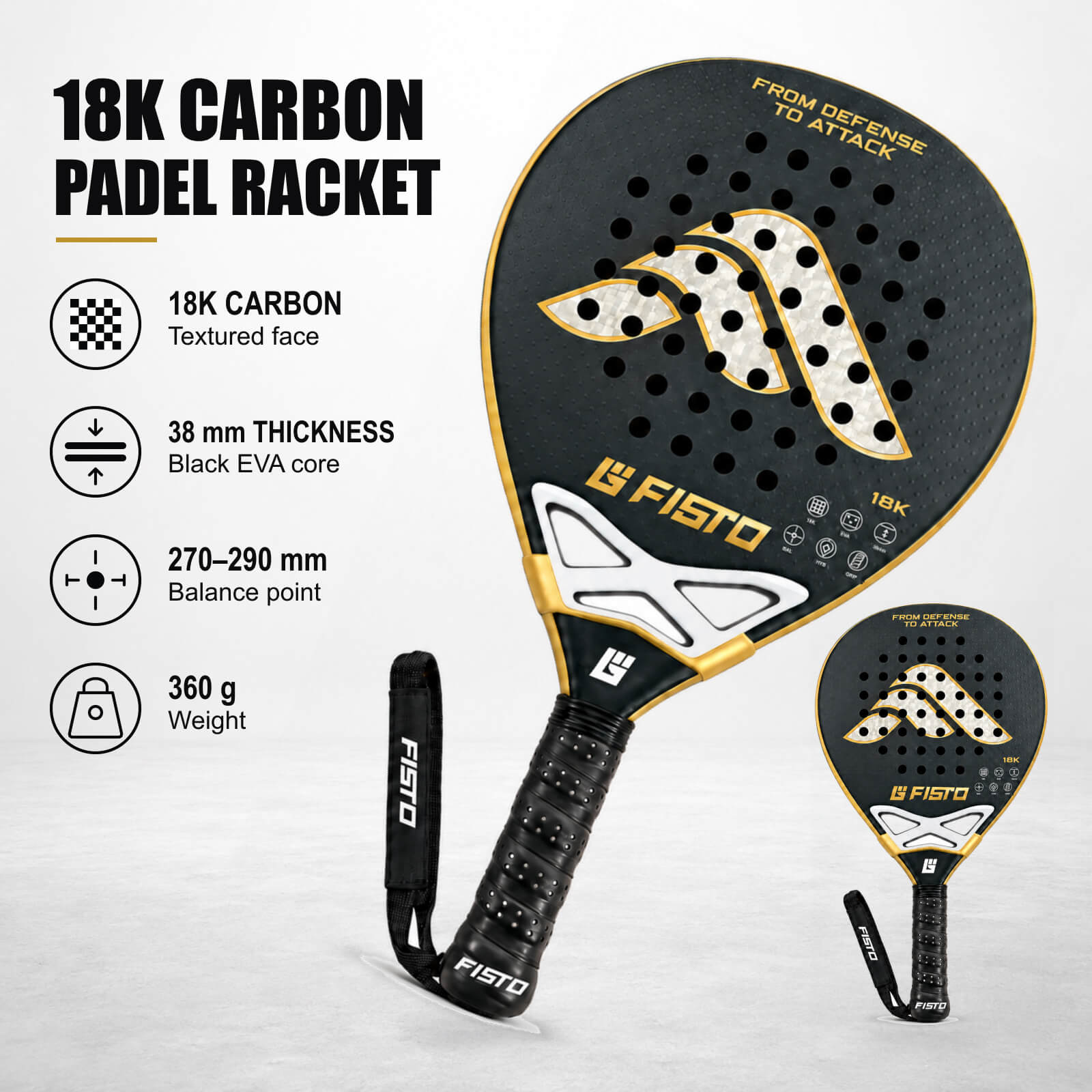 18K Carbon Hybrid Padel Racket with Black EVA Core and 38mm Profile