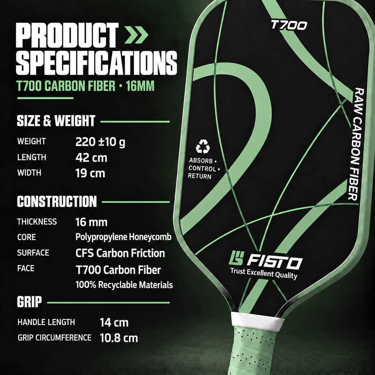 T700 Carbon Fiber 16mm Pickleball Paddle Wholesale