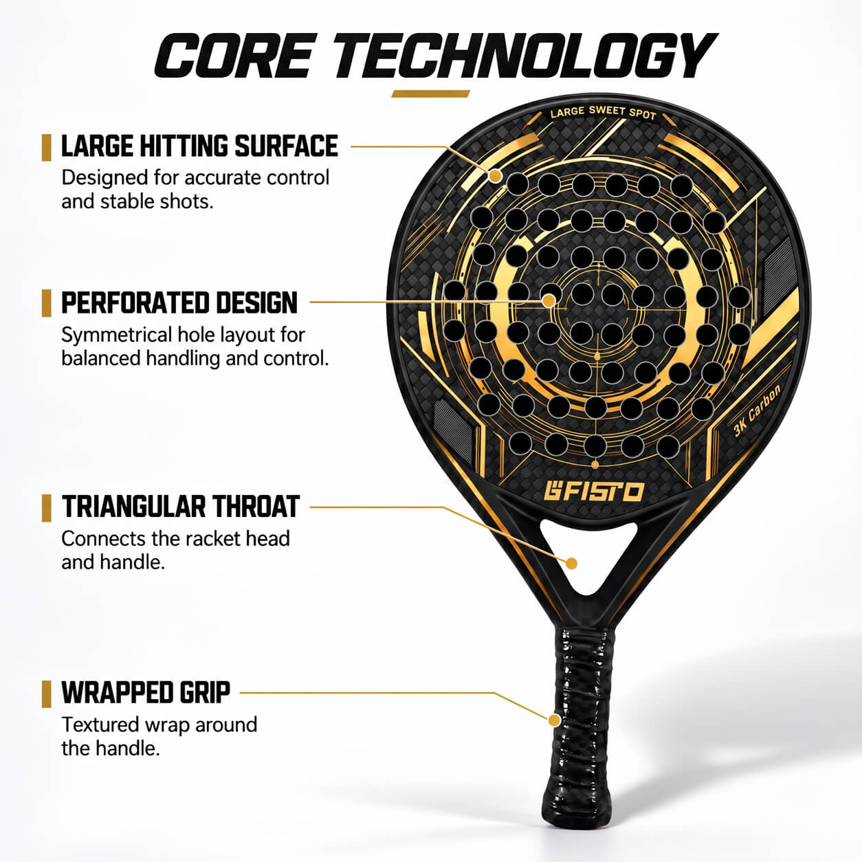 38mm Carbon Fiber & Fiberglass Padel Racket with EVA Core