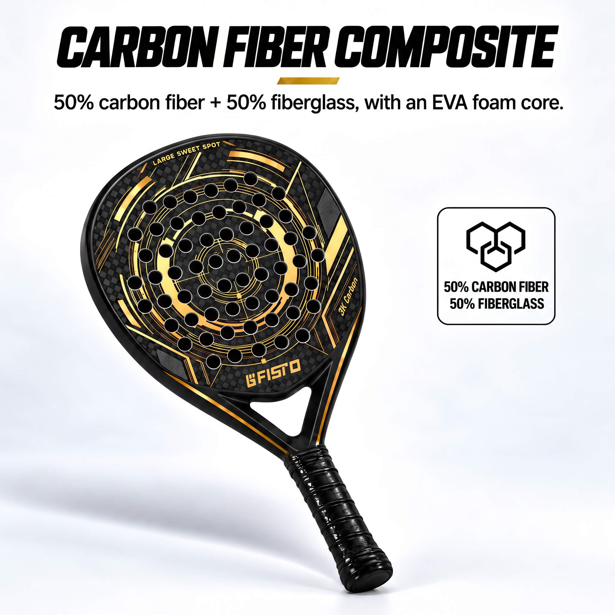38mm Carbon Fiber & Fiberglass Padel Racket with EVA Core