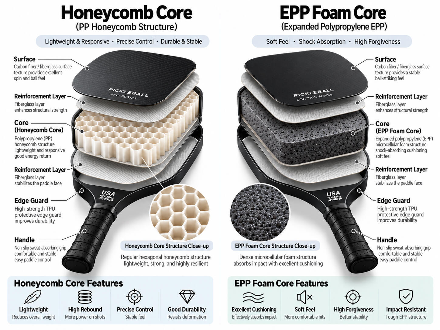 Honeycomb vs. EPP Foam Pickleball Paddle Cores: What's the Difference?