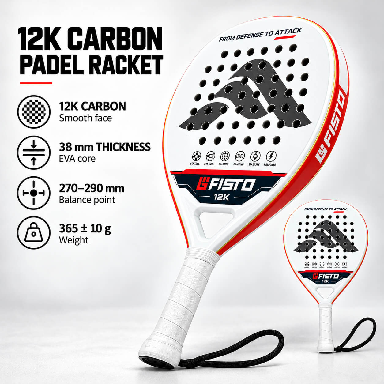 Intermediate Padel Racket with Full Carbon Construction, EVA Core and Teardrop Head