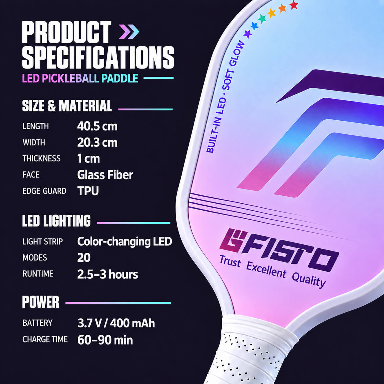 LED Fiberglass Pickleball Paddle for Beginners