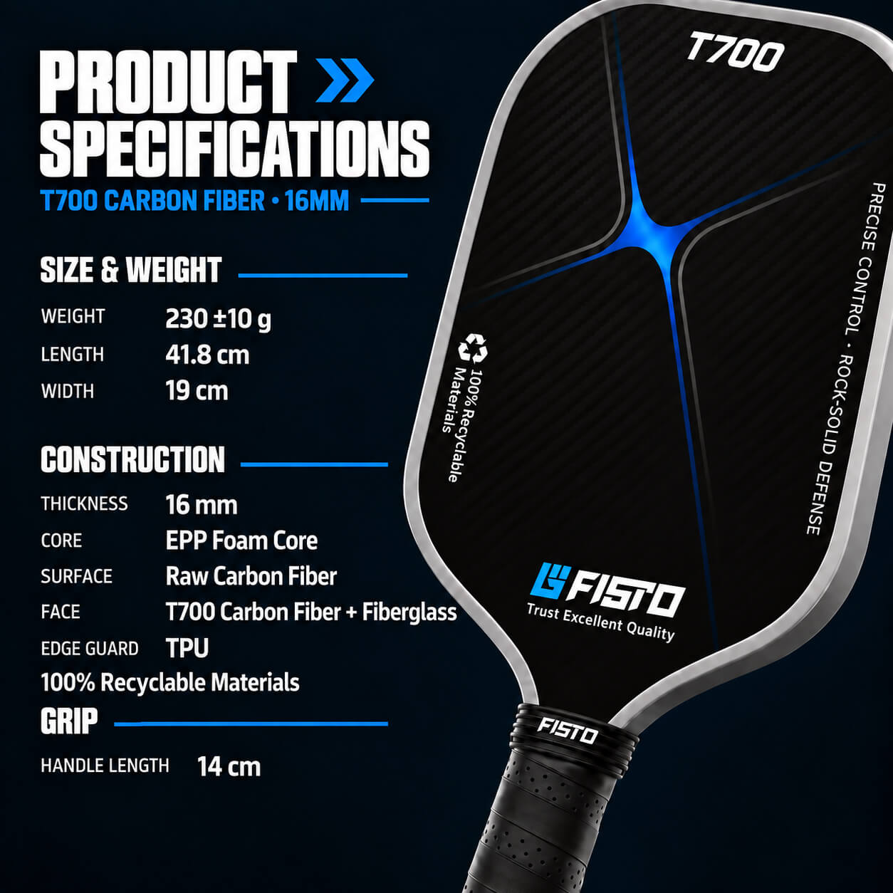 Wholesale T700 Carbon Fiber & Fiberglass Pickleball Paddle for Control