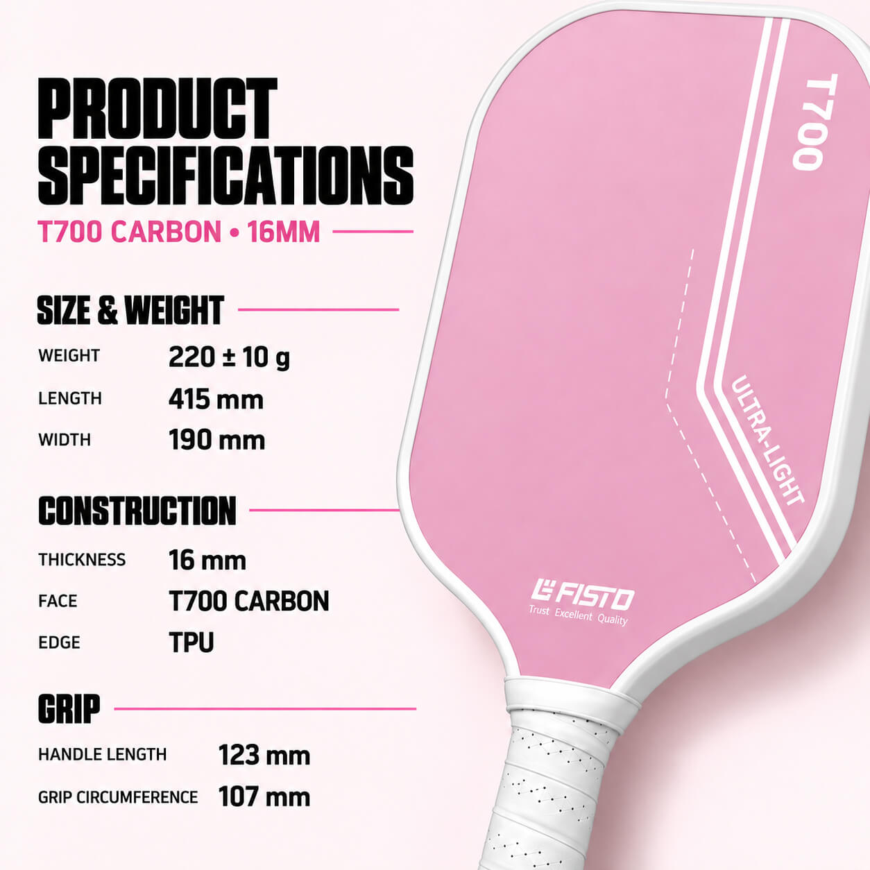 T700 Carbon Fiber Pickleball Paddle with 16mm Core